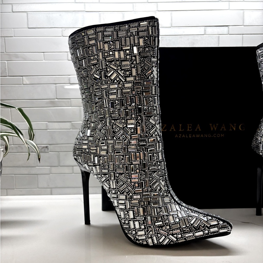 Akira Silver Black Rhinestone Gem High Heel Boot Bootie Size 7.5 Brand New